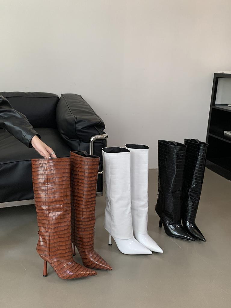 Fashion Pointed Toe Women Knee High Heels 2024 New Arrivals Fashion Thin High Heels Black Brown White Stiletto Party Pumps Chelsea Botas