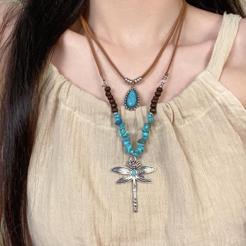 Этнический стиль Винтажное ожерелье с подвеской в виде стрекозы для женщин Богемный стиль Ожерелье из бирюзы A2