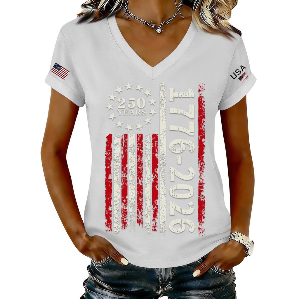 Women's Fashionable V-Neck Casual Retro Print Short Sleeved T-shirt Top