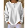 Women's Solid Waffle Long-Sleeved Pullover T-Shirt with Round Neck and Button Closure