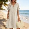 Womens V Neck Button Down Short Sleeve Loose Fit Linen Tunic Dress with Pockets Casual Summer Dress