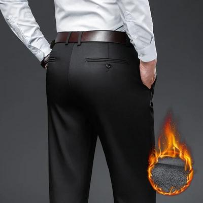 Classic Style Winter Warm Men's Business Straight Casual Pants Stretch Fabric Office Pants Fleece Thicken Trousers