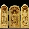 1 Stück Exquisite Buchsbaum-Schnitzerei Guanyin Buddha Statue Westliche Drei Heilige Holzschnitzkunst Handwerk Heimdekoration