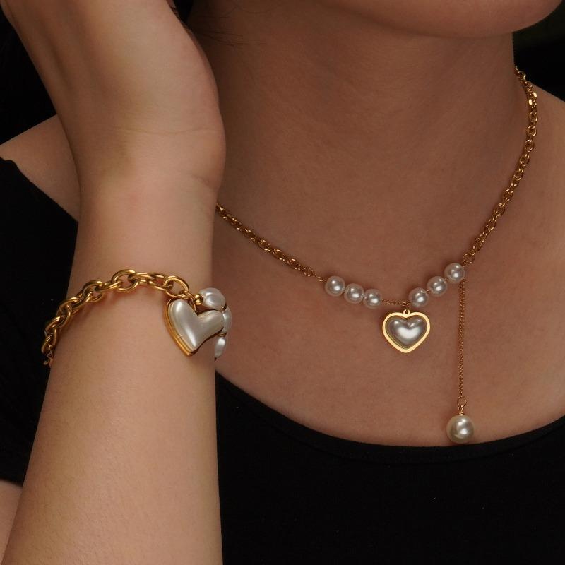 Set Irregular Pearl Mixed Chain Bracelet Necklace Round Hollow Pendant Heart Jewelry