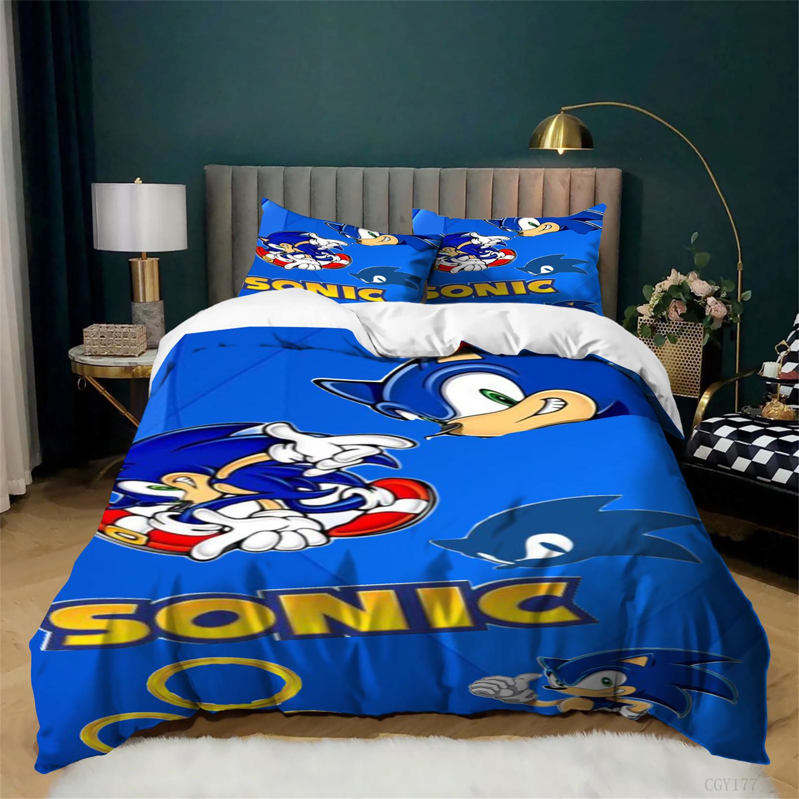Movie Sonic Duvet Cover Sets 3D Printing Bedding Set 3Pcs Ultra Soft Breathable Cartoon Duvet Cover for Boys Girls 135x200cm