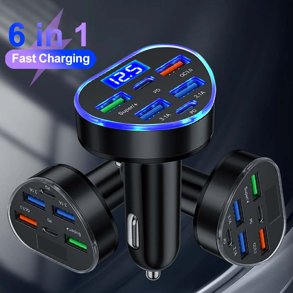 100W Car Charger PD QC3.0 6 Ports Fast Charging Adapter for IPhone USB Type C Socket Charger