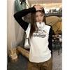2026 Spring/Summer Women's Black & White Patchwork Raglan Long Sleeve Tee - American Style Print, Loose Fit, Color Block Trendy Top