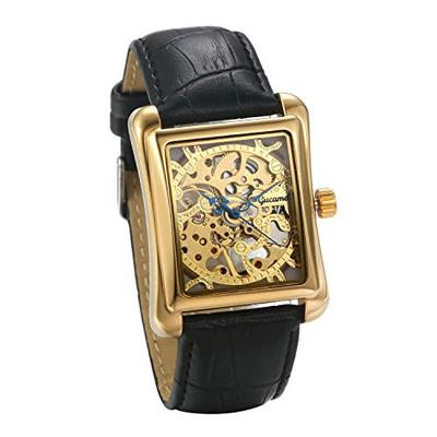 JEWELRYWE Men's Watch with Leather Strap, Stylish Waterproof Automatic Movement, Skeleton Design, Antique Style, Square Shape, Gold