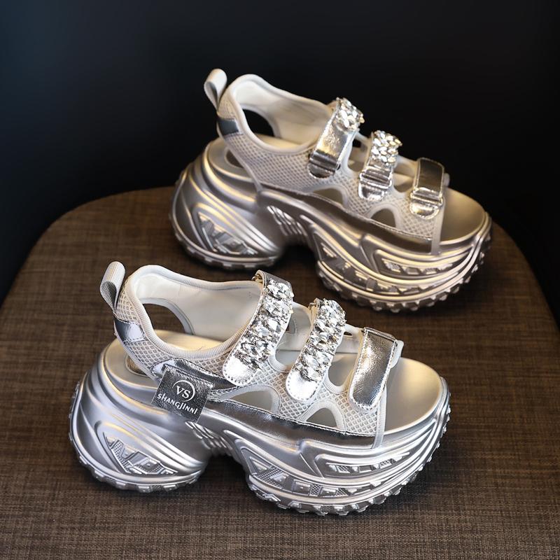 Mode 8cm Mesh Synthetikleder Klobige Sandalen Sommer Damen Plateau Keil Kristall Sportliche Sneaker Damen Gladiator Sandalen Frau