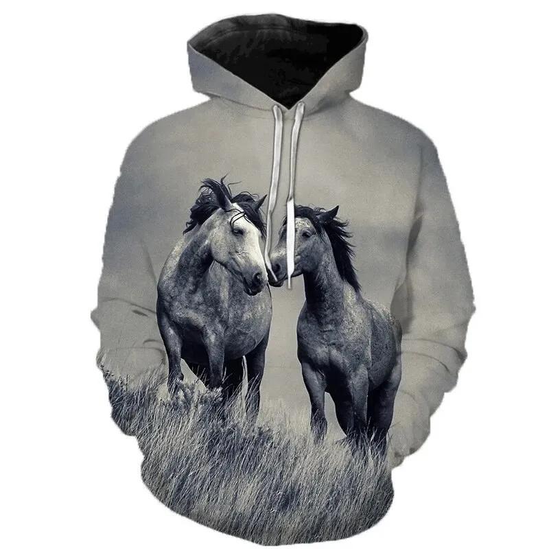 Autumn 3D Horse Pattern Printed Hoodies Fashionable Casual Sports Long Sleeved Men's Hooded Sweatshirts