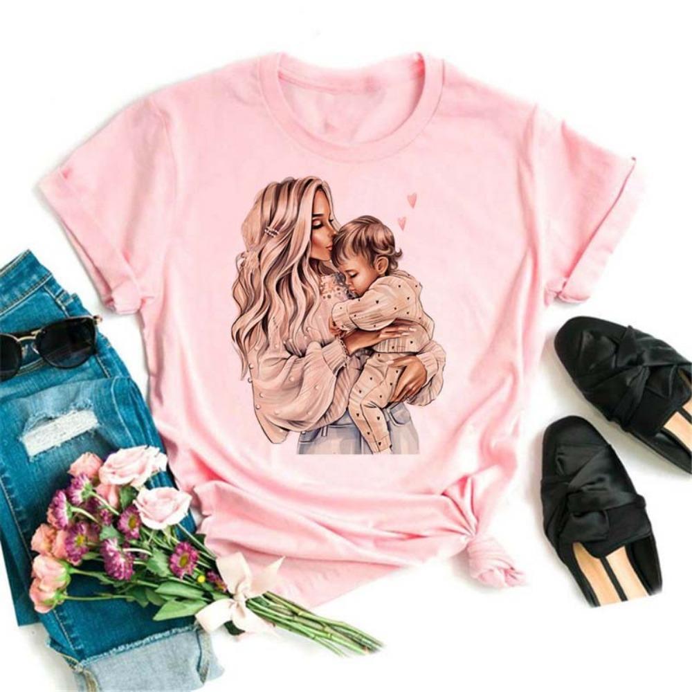 Maycaur Women T Shirt Cartoon Mom with Sons Shirt Fashion Print Casual Woman Tee Ladies Female T-shirt Short Sleeve T Top Shirt
