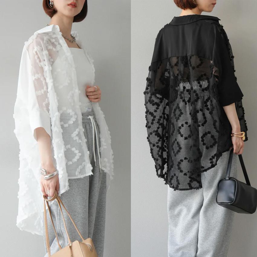 Korean Fashion Summer Spring Women Cardigan Turn-Down Collar White Black Oversized Lace Blouse Delicate Elegant Ladies' Thin Outerwear