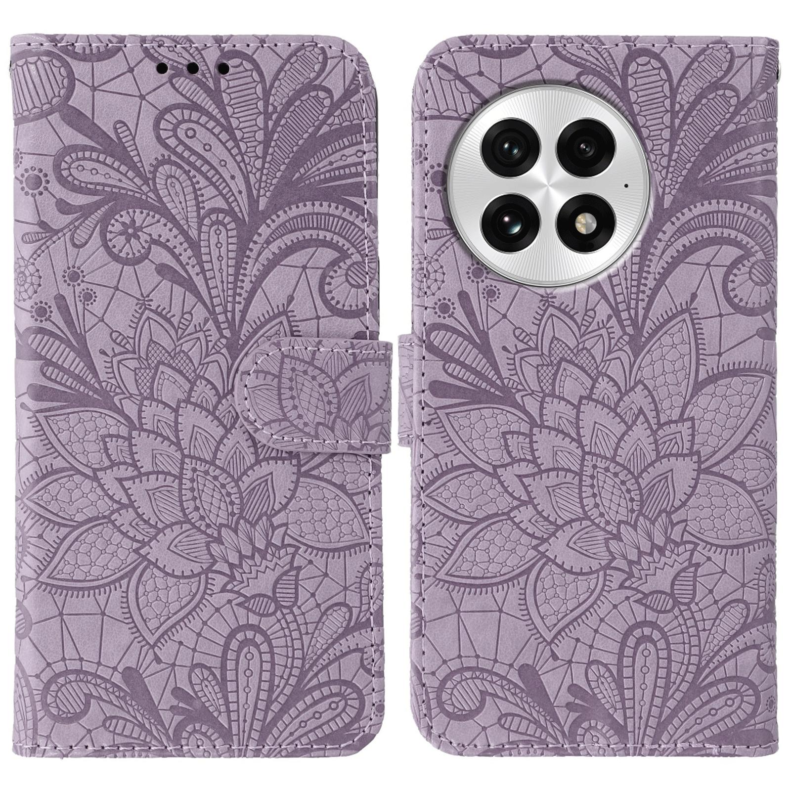 

For OnePlus 13 Case Lace Flowers PU Leather Flip Wallet Phone Cover Purple