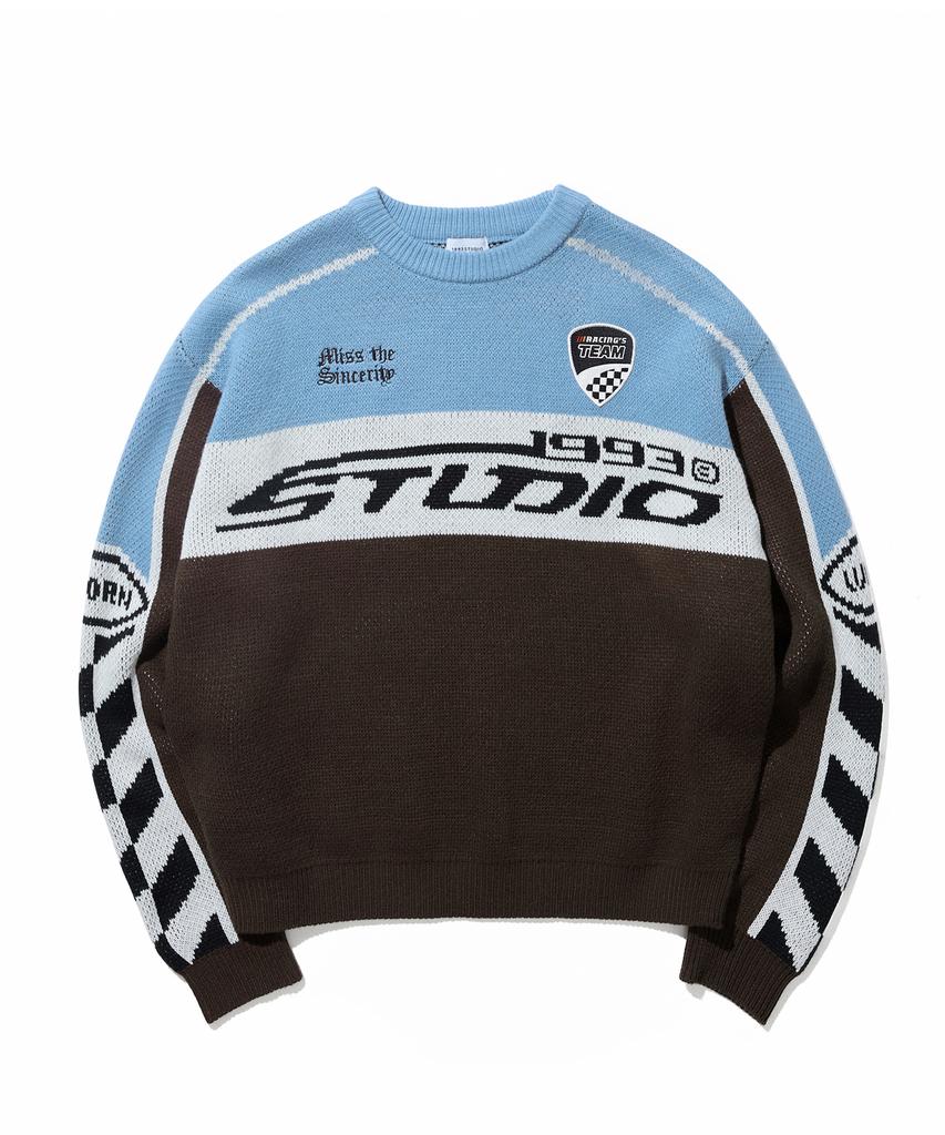 1993STUDIO Racing Intarsia Knit Pullover_Blue