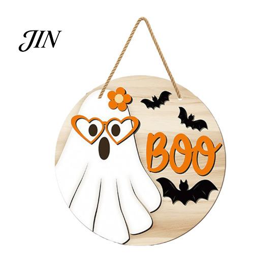 Halloween Door Sign Hanging Sign, Wooden Front Hanger Wreath, Cute Holiday Decoration Ghost Welcome for Porch Wall Indoor Home Durable