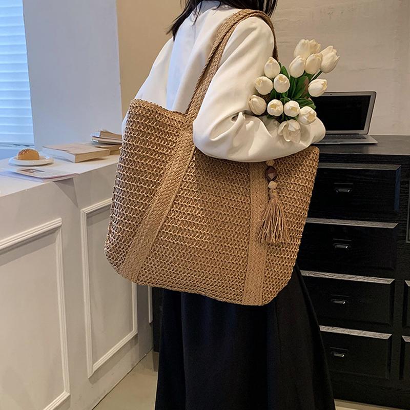 Letní tkaná taška přes rameno Dámská plážová taška Dámské Slaměné pletené Ručně vyráběné Velkokapacitní kabelka Peněženka Cestovní střapec Shopper Tote