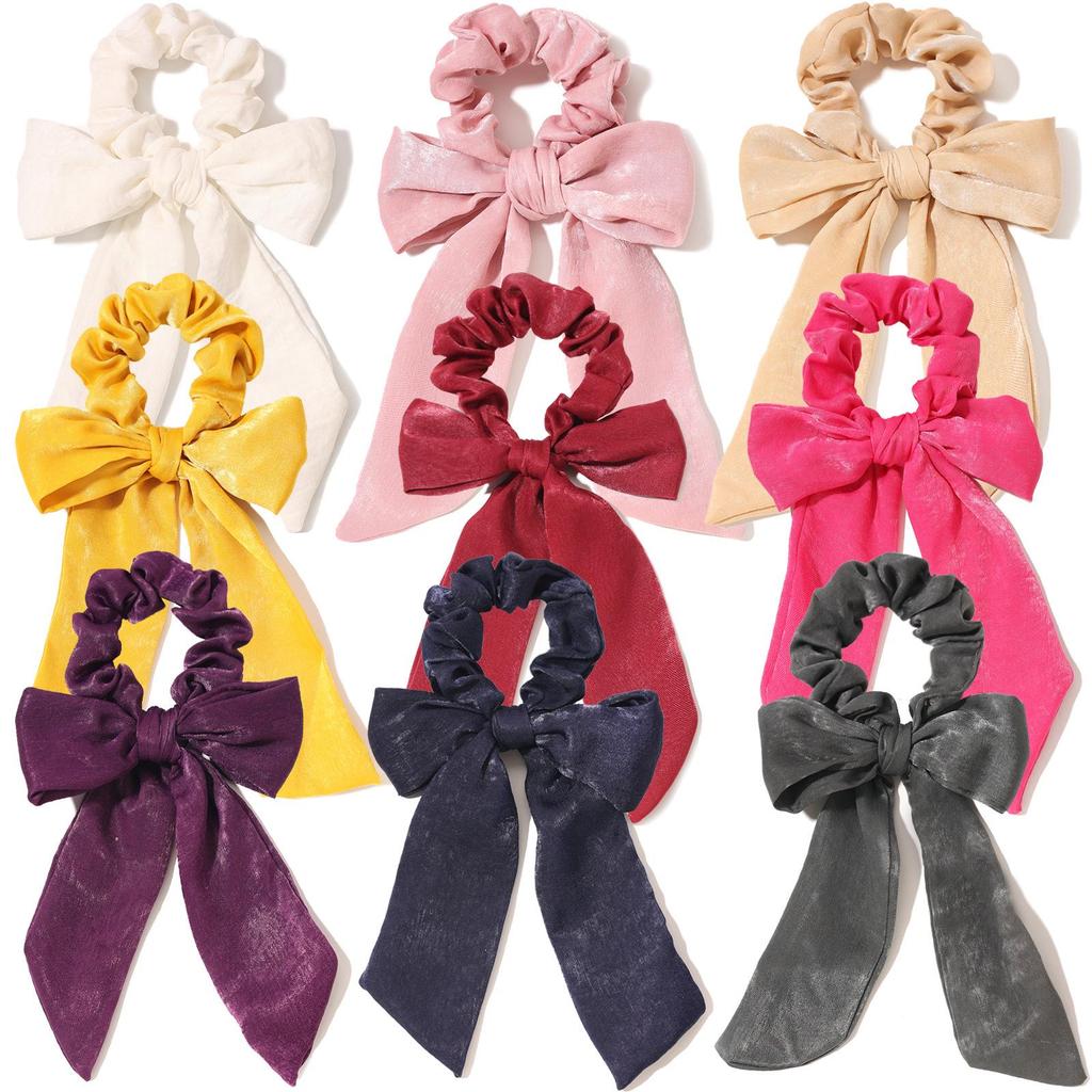 European & American Retro Silk-Like Ribbon Bow Hair Tie with Detachable Streamer – Wrinkled Satin Fabric Hair Accessory