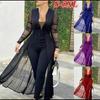 Women's Fashion Jumpsuit: Solid Color, Deep V-Neck, Long Sleeve, Lace Trim, Slim Fit Skirt Pants