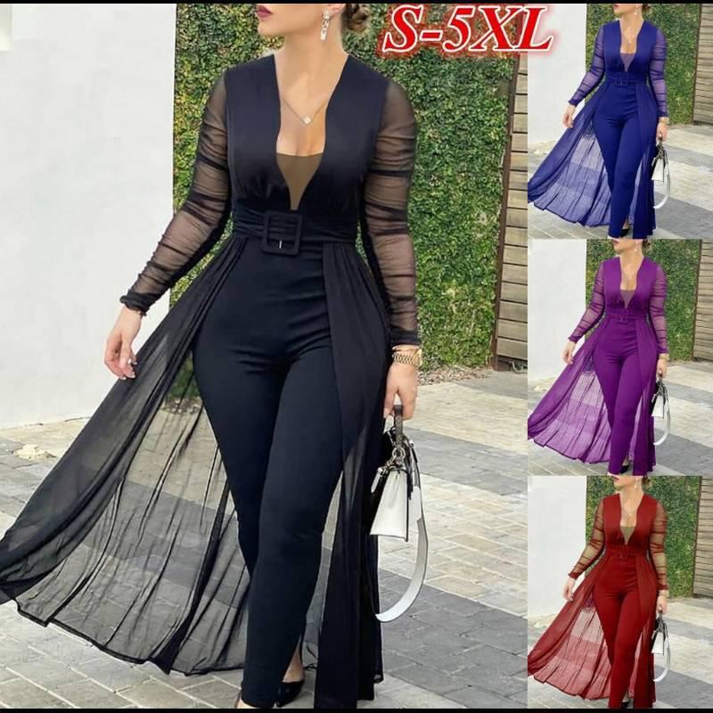 Women's Fashion Jumpsuit: Solid Color, Deep V-Neck, Long Sleeve, Lace Trim, Slim Fit Skirt Pants