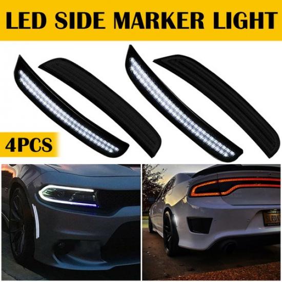 [WHITE LED STRIP] Front+Rear Smoked For Side Marker Dodge Lights 15-22 Charger