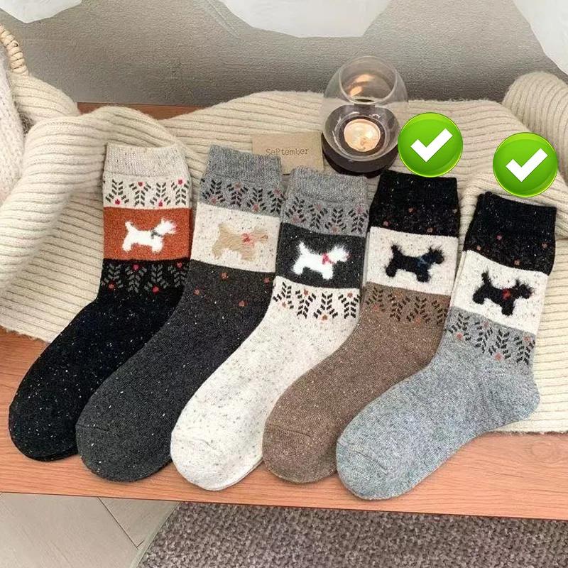 1/5pairs Plush Warm Puppy Socks Women Winter Color Block Mid Calf Soft Fluffy Fabric American Retro Cartoon Design Cozy Cotton