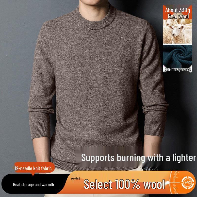 Men's 2025 Autumn/Winter Pure Wool Round Neck Sweater - Solid Color Knit