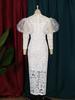 Plus Size Women's See-through Lace Patchwork Puff Sleeve Dress, Round Neck, Cinched Waist, Mid-length.
