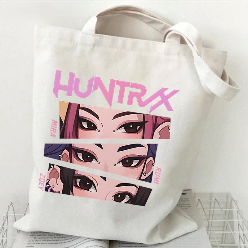 Demon Hunters Canvas Tote Bag Huntrix Girl KPop Shoulder Bag Saja Boys Zoey Rumi Mira Handbag For Daily Shopping School Commute