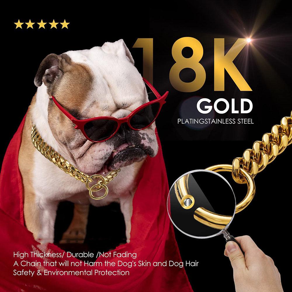 18K Gold Chain Dog Collar 10MM Cuban Link Chain Stainless Steel Metal Links Walking Training Collar designed for Small Medium Large Dogs