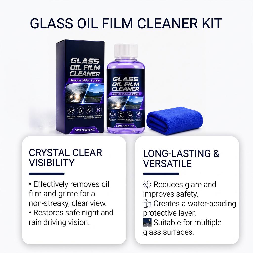 Glass Oil Film Cleaning Kit: Removes Oil Film, Improves Visibility, Suitable for Multiple Glass Surfaces