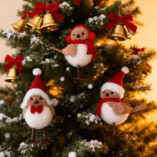 Cute Fluffy Plush Foam Bird Christmas Tree Ornament Simulated Bird Figurine with Red Hat And Scarf for Christmas Tree Mantel Desk Decoration