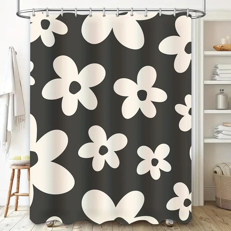 Modern Floral Print Shower Curtain White Black Bathroom Decor Waterproof Rectangular Size 180x240cm (Durable Polyester Fabric)