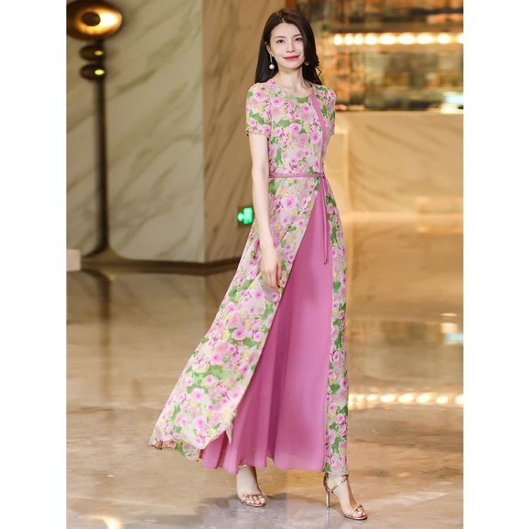High End Summer Dress Women Flowy Chiffon Fake Two Piece Long Dress Slim Fit Floral Print
