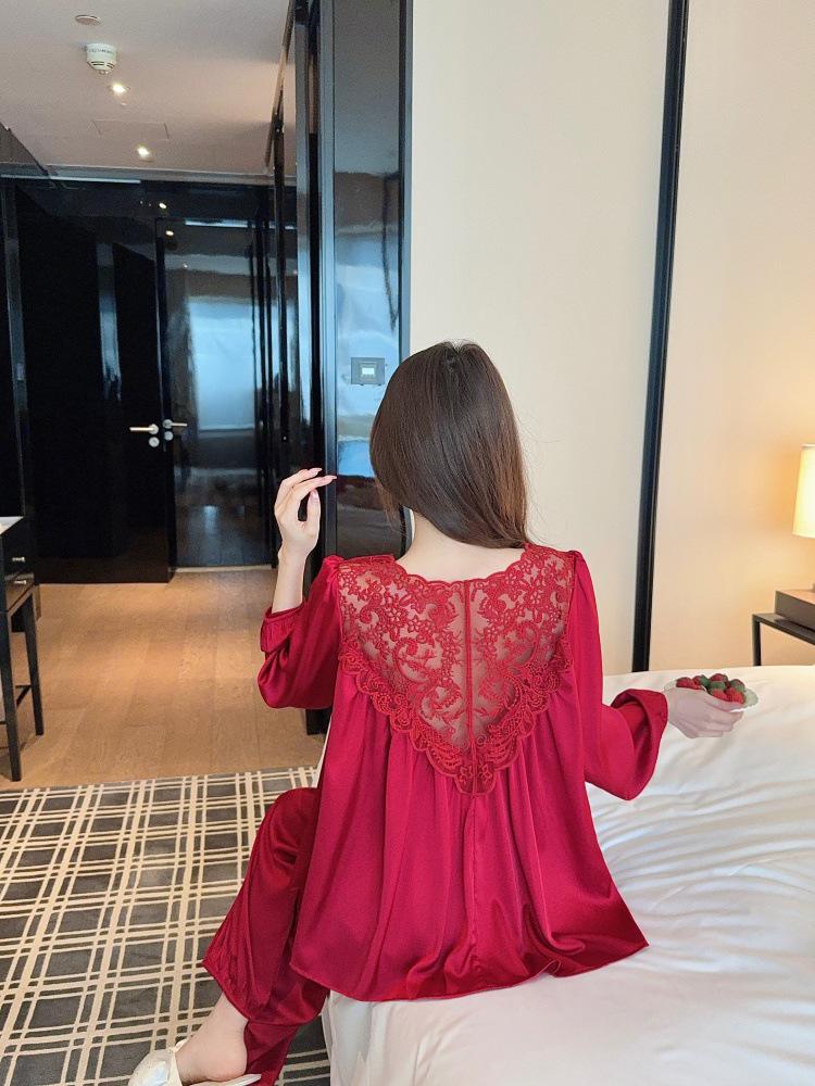 Ice Pure Maiden: Sweet Princess-Style Lace Pajamas - Long Sleeve, Light Luxury Ice Silk for Spring & Autumn