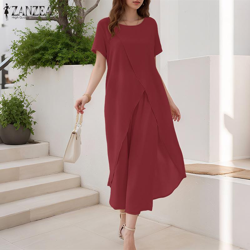 ZANZEA Women Short Sleeve Long T-shirt and Cropped Pants Casual Two Piece Suit Sets