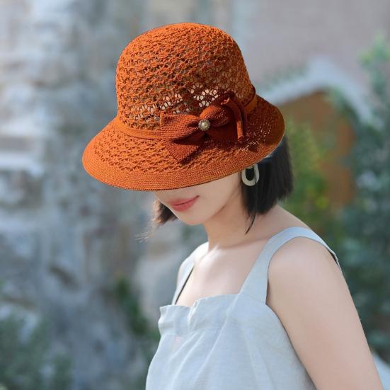 Women's Sun Hat Handmade Straw Woven Bucket Hat with Bow Foldable Sun Protection Fishing Hat for Outdoor Travel Beach