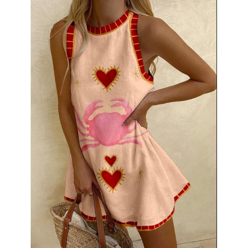 2025 European & American Printed Linen Sleeveless Mini Dress for Women