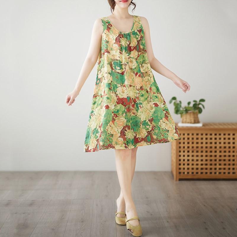 

Без рукавов Плюс размер Хлопок винтажный цветочный новый в платьях для женщин повседневный свободный миди летнее платье XXL