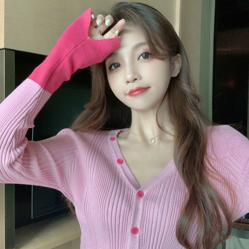 Spring Patchwork Design Knitted Cardigan for Women with Long Sleeves and Bottom Lining Short and Versatile Casual Top