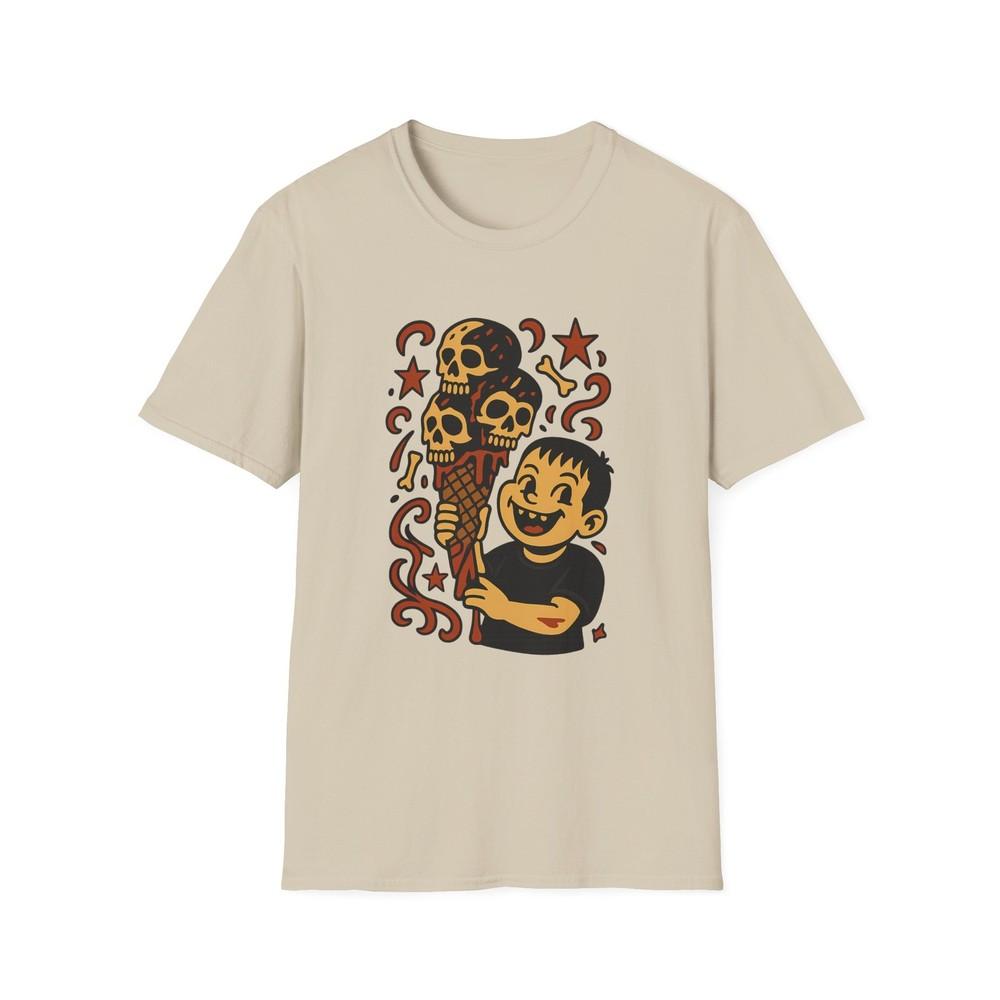 

Unisex Softstyle T-Shirt, Creepy Ice Cream Skull: Horror Cartoon, Dark Humor M