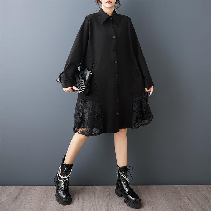 Spring Floral Lace Splice Dress with Lapel Plus Size