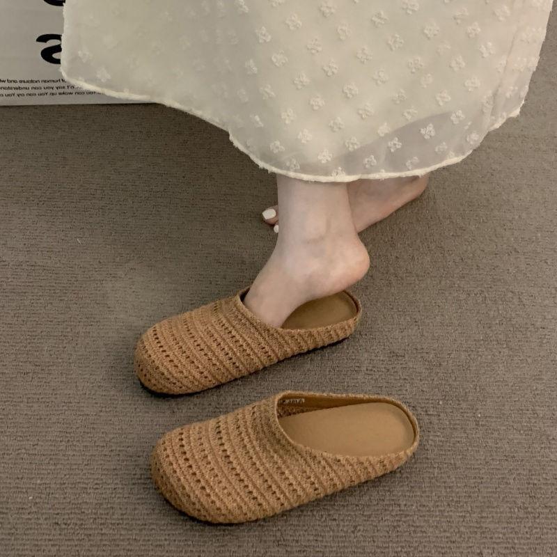 Woven Bag Head Wearing Half Slippers Women's Summer Beach One Pedal Bag Head Half Drag Women's Boken Platform Slippers