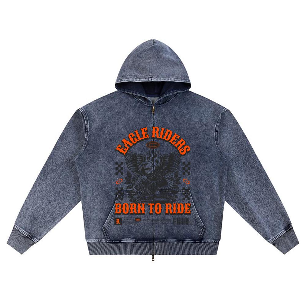DTG print Knitted Denim Zip-Up Hoodie streetwear Motorcycle Brother Print Zipper Hoodies