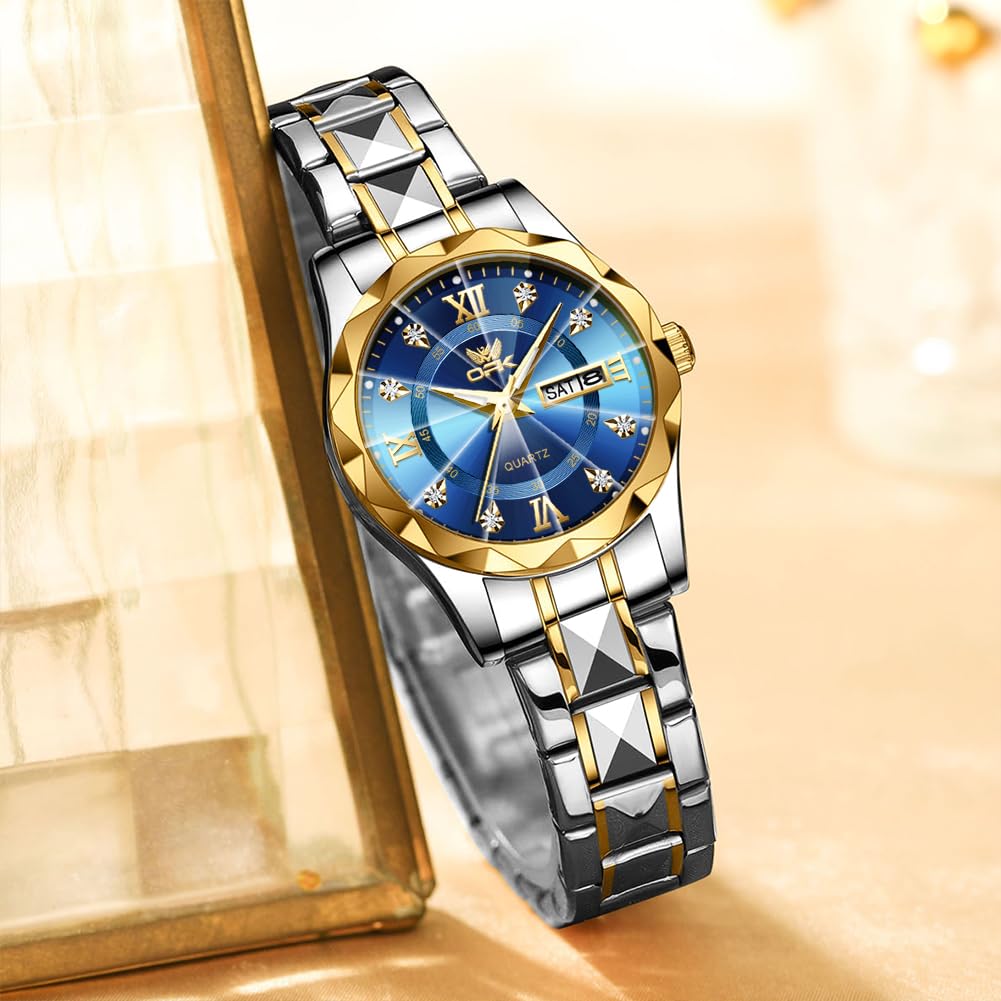 Stylish quartz watch for featuring a day and date round 30mm stainless diamond and water resistance women's commuting, calendar, display, face,