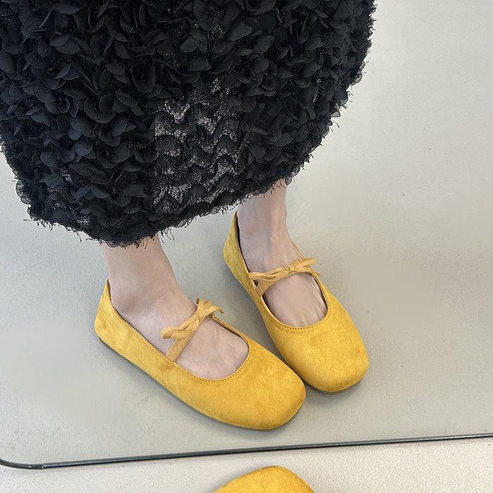

Elegant French Bow Year Fairy Ballet Shoes Mary Jane Shoes Temperament Suede Light Mouth Sweet And Gentle 40 жовтий