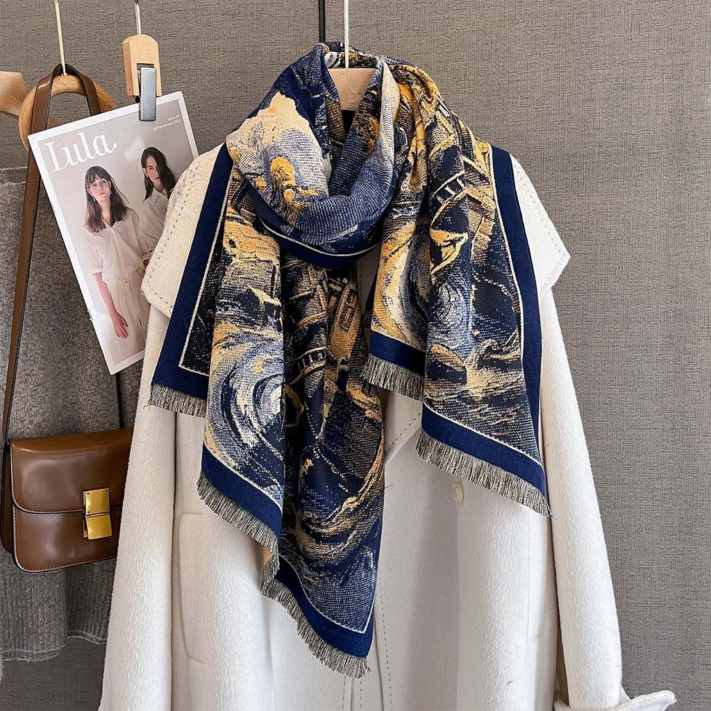185*68cmWinter Retro Oil Painting Print Cashmere Feel Pashmina Women Outdoor Warm Large Shawls Wraps Tassels Lady Bufanda Poncho