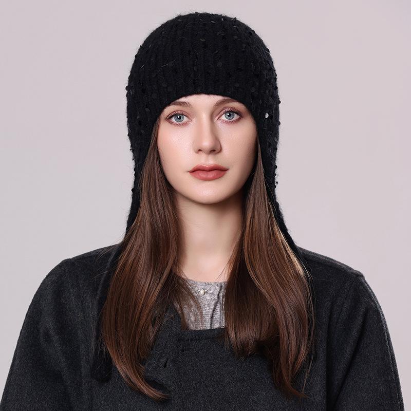

Женская вязаная шапка из кроличьего меха с пайетками, зимняя теплая универсальная шерстяная шапка, модная шапка-пуловер с завязками и защитой ушей one size