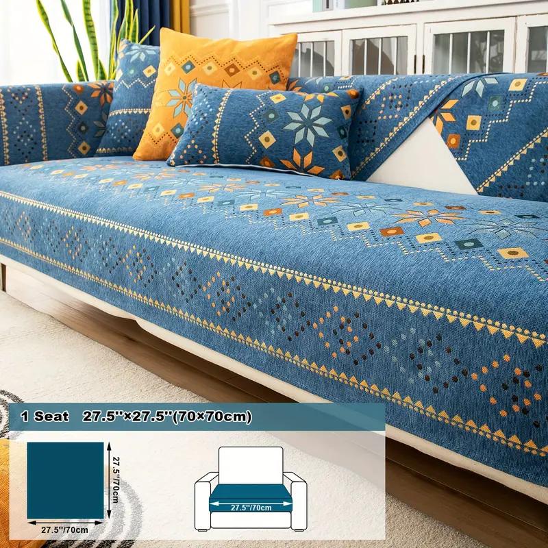 Чехол на диван с геометрической вышивкой чехол для дивана толстый плюшевый защитный чехол для дивана нескользящие чехлы для диванов для спальни офиса гостиной домашнего декора 1 seat 70x70cm синий 1339₽
