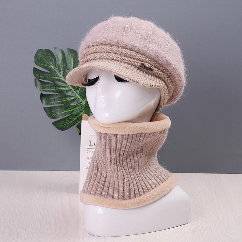 Strickmütze Damen Vielseitige Mütze Schal Zweiteiliges Set Winter Geeignet für großes Gesicht Warm und Samt Mutterhut