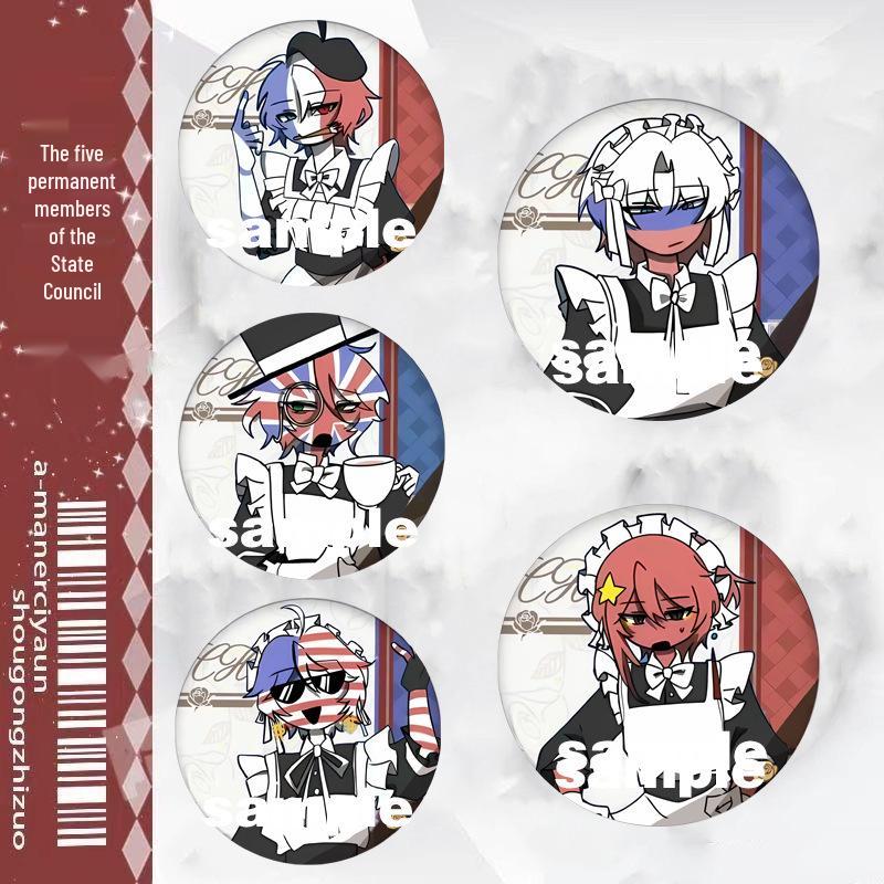 China Proposed Permanent Members' Maid Outfit Badge: Porcelain Button Badge Featuring US, UK, France, Russia—Perfect Gift or Medal Accessory.